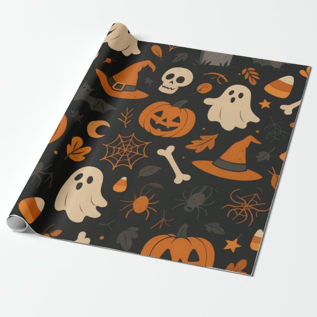 Papier Cadeau Halloween Pattern Wrapping Paper (Déroulé)