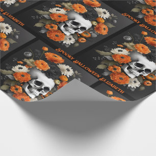 Papier Cadeau Halloween Personnaliser Nom Gothique Crâne & Fleur