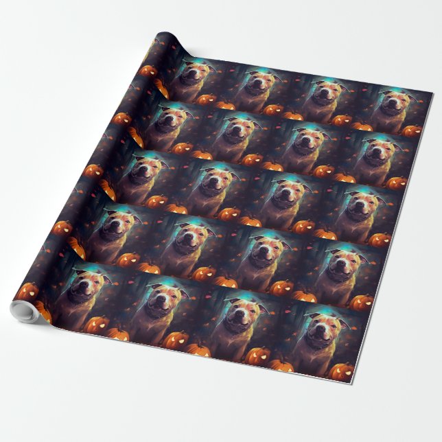Papier Cadeau Halloween Pitbull avec la peur Citrouille (Déroulé)