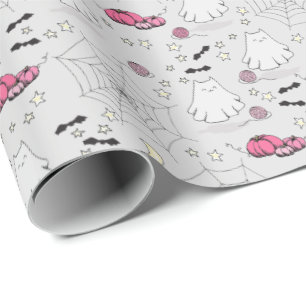 Papier Cadeau Halloween rose et gris mignon Fantôme de chat