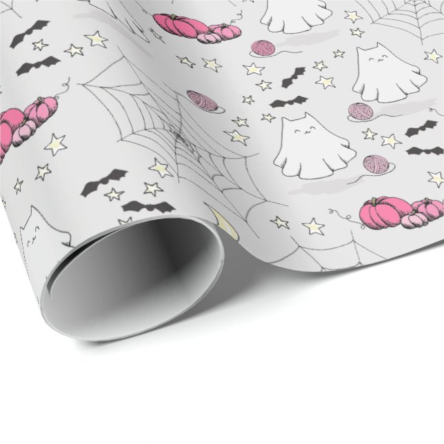 Papier Cadeau Halloween rose et gris mignon Fantôme de chat (Coin rond)