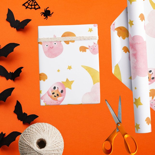 Papier Cadeau Halloween rose fantôme citrouille et chauves-souri (Pink ghosts with bat friends for special halloween birthdays)