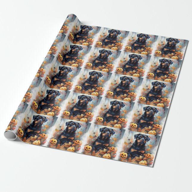 Papier Cadeau Halloween Rottweiler avec la peur Citrouille (Déroulé)