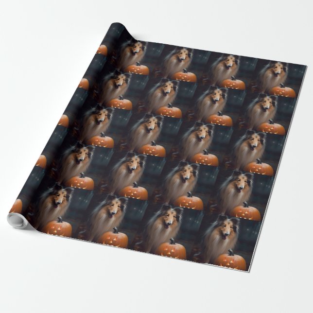 Papier Cadeau Halloween Rough Collie Avec Citrouille effroi (Déroulé)