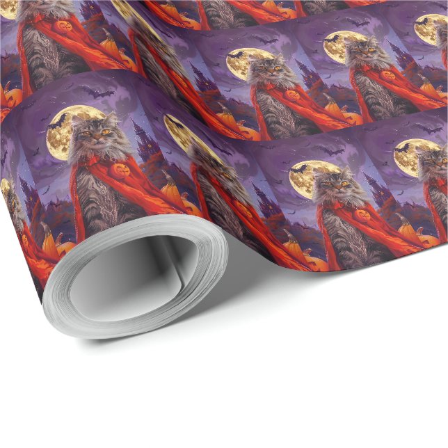 Papier Cadeau Halloween Sibérie Chat Vampire Citrouilles effroi (Coin rond)