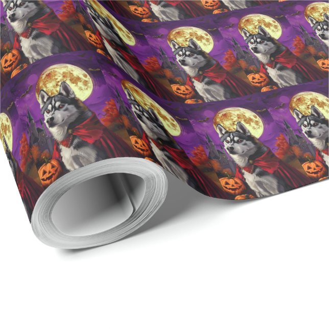 Papier Cadeau Halloween Sibérie Husky Vampire Citrouilles effroi (Coin rond)