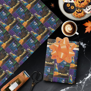 Papier Cadeau Halloween sorcière chat violet magie