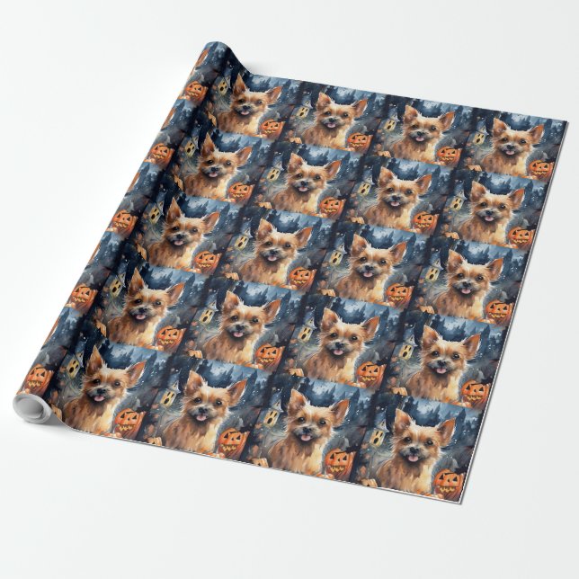 Papier Cadeau Halloween Terrier Australien Avec Peur Citrouille (Déroulé)
