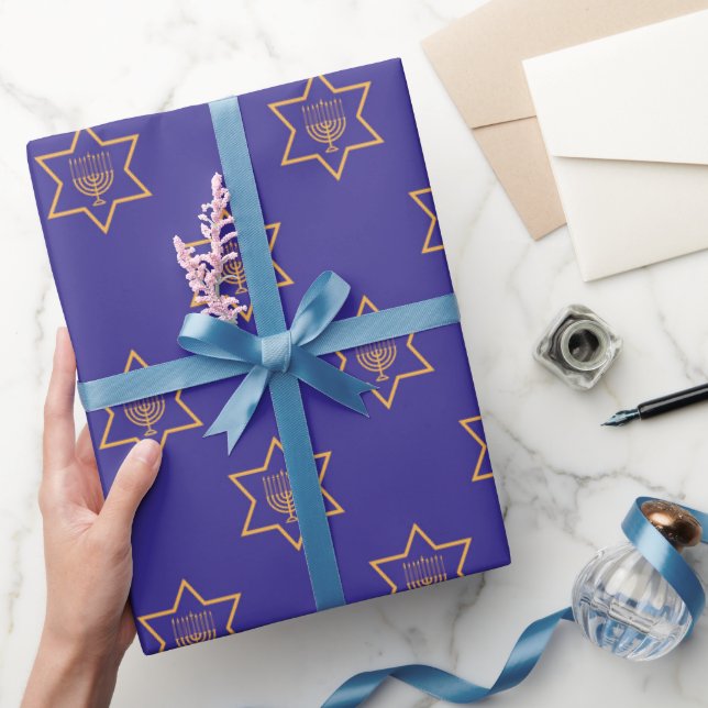 Papier Cadeau Hanoukka Chanukah Star de David Menorah Gold Blue (Cadeaux)