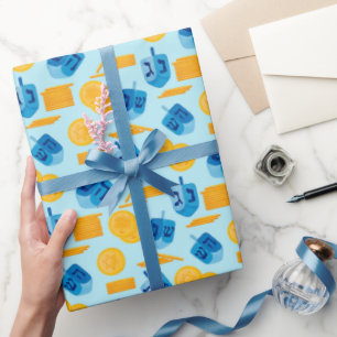 Papier Cadeau Hanoukka Dreidel Game Gelt Bleu foncé