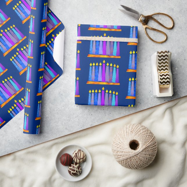 Papier Cadeau Hanoukka Fun Artsy Blue Boho Motif bougies bleu (Artisanat)