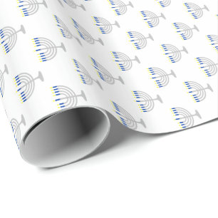 Papier Cadeau Hanoukka Menorah argenté sur le blanc