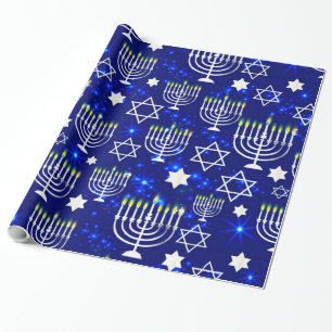 Papier Cadeau Hanoukka Menorah bleu et argent