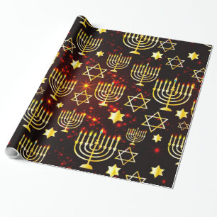 Papier Cadeau Hanoukka Menorah rouge et or
