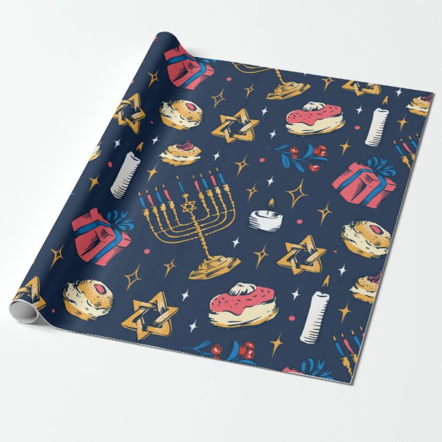 Papier Cadeau Hanoukka Motif Hannukkah cadeau juif mignon été (Déroulé)