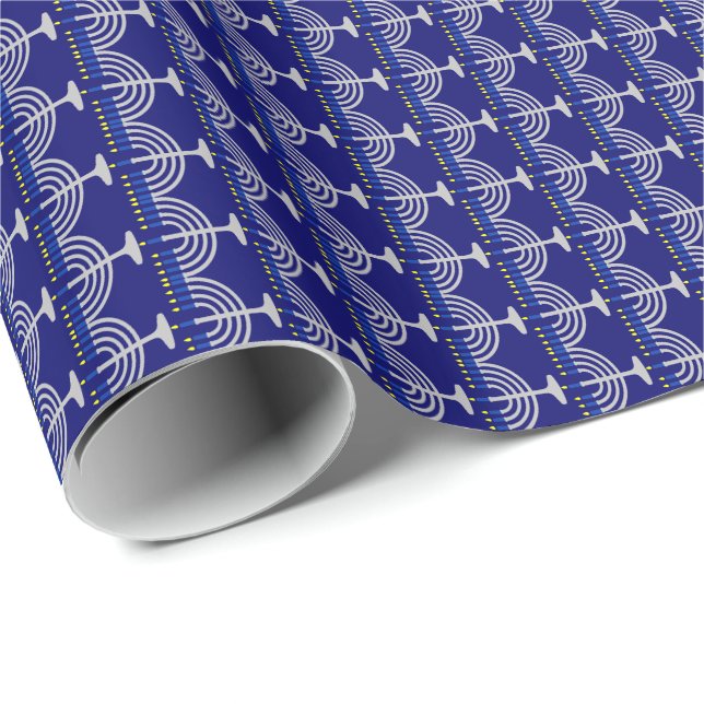 Papier Cadeau Hanoukka Silver Menorah sur Navy Blue (Coin rond)