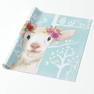 Papier Cadeau Happy Animal avec Fleurs en Bleu Forêt-Mouton