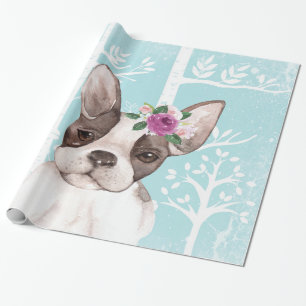 Papier Cadeau Happy Animal avec Fleurs en Carlin de Chien-Forêt
