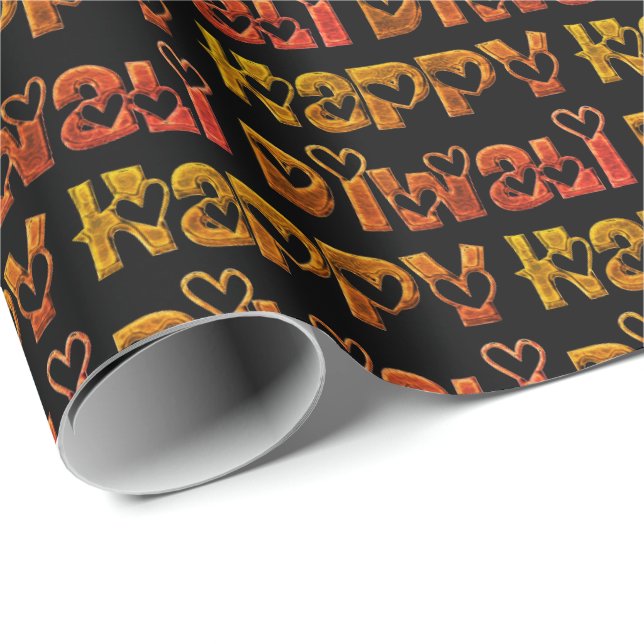 Papier Cadeau Happy Diwali Salutation Coeurs mignons Texte Brown (Coin rond)