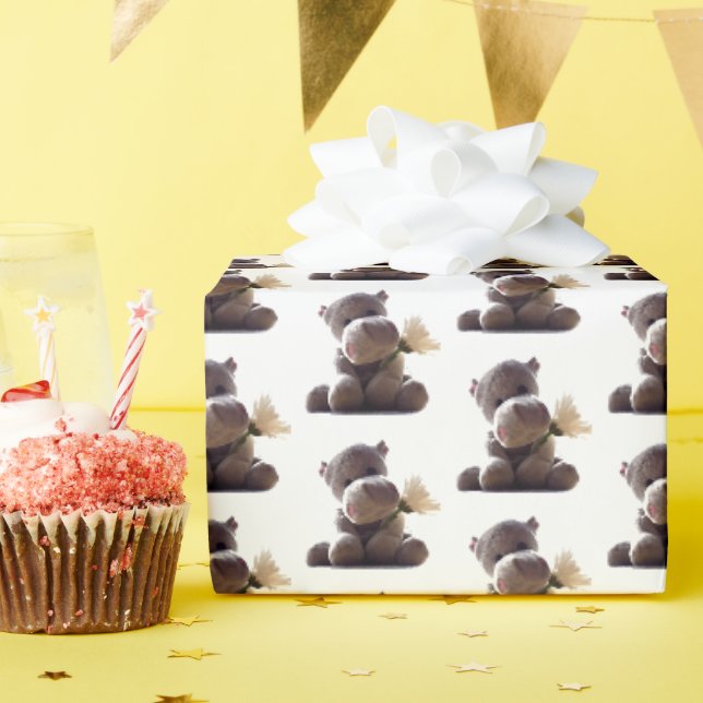 Papier Cadeau Happy Grey Hippo tenant Daisy, mignonne Love Photo (Fête d'anniversaire)