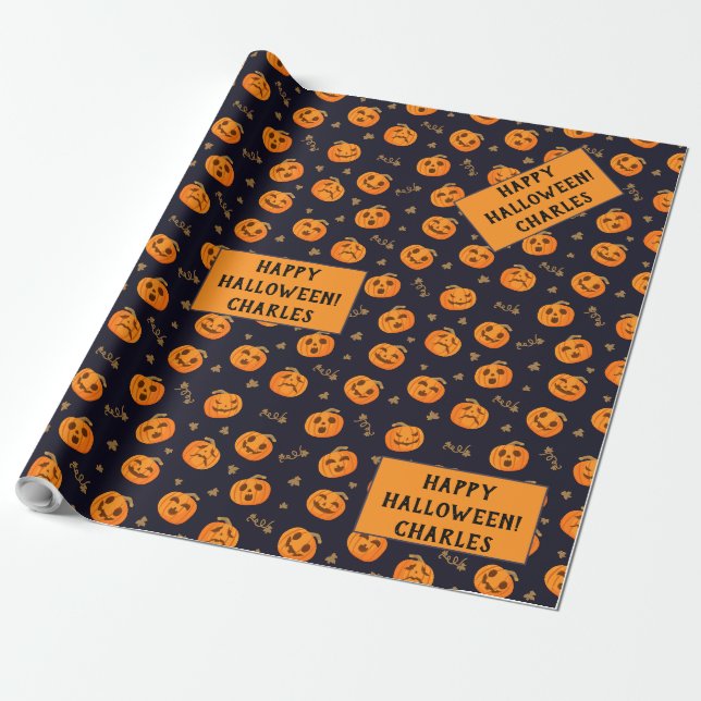 Papier Cadeau Happy Halloween drôle effrayant Motif Citrouille o (Déroulé)