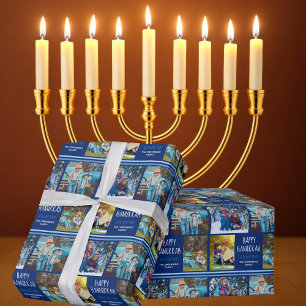 Papier Cadeau Happy Hanoukka Photo Collage personnalisé bleu