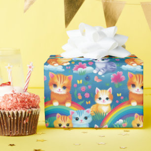 Papier Cadeau Happy Kitty Cats sur Rainbow Clouds