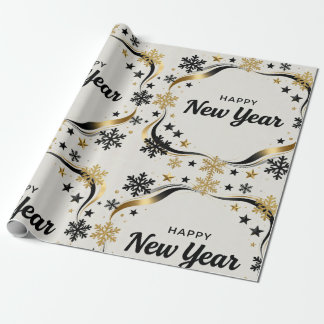 Papier Cadeau Happy New Year Black and Gold Snowflake 