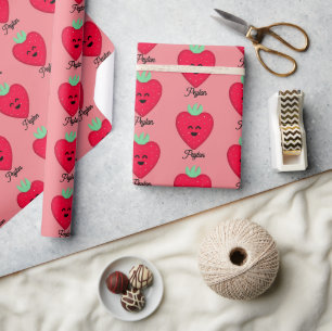 Papier Cadeau Happy Strawberry Ajouter un nom Wrapping Papier