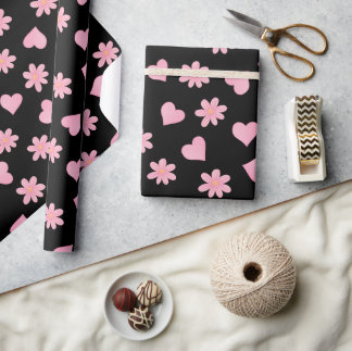 Papier Cadeau Happy valentine day Black& Pink hearts Flowers