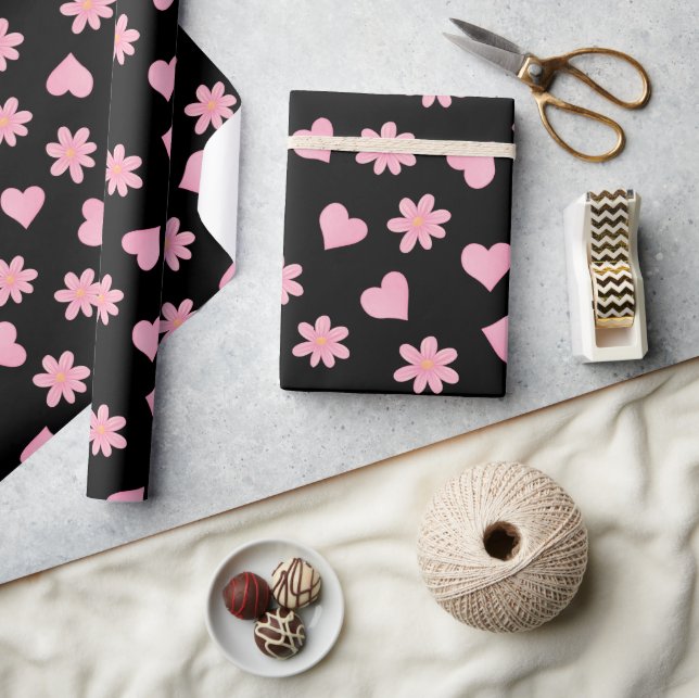 Papier Cadeau Happy valentine day Black& Pink hearts Flowers (Artisanat)