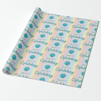 Papier Cadeau Happy Wedding Text Blue Seashell Colorful Rainbow