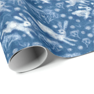 Papier Cadeau Hares Neige Champ Blanc lapins Motif d'hiver Bleu