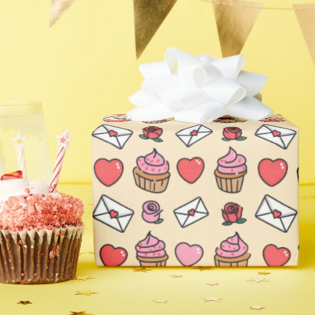 Papier Cadeau Hearts and Cupcakes Wrapping Paper (Fête d'anniversaire)