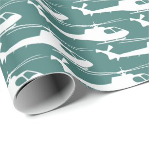 Papier Cadeau Hélicoptère Pilote Aviation Bleu Blanc