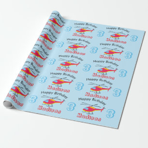 Papier Cadeau Hélicoptère volant mignon Anniversaire Nom et âge