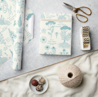 Papier Cadeau Herbier de jardin médicinal en bleu et blanc cassé