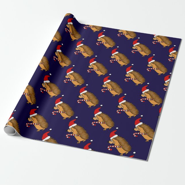 Papier Cadeau Hérisson drôle dans l'art de Noël de casquette de (Déroulé)