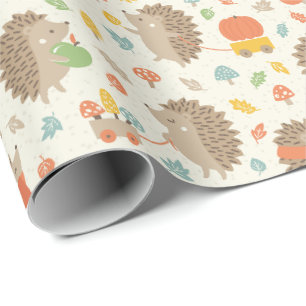 Papier Cadeau Hérisson mignon avec petits Feuilles