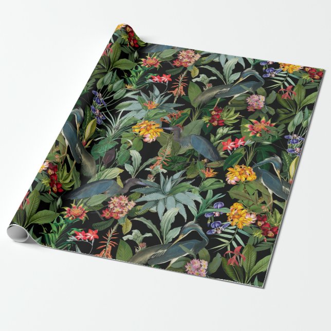 Papier Cadeau Héron bleu antique et motif de fleurs tropicales (Déroulé)