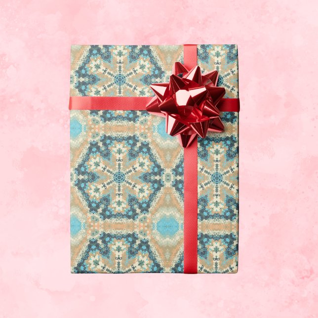 Papier Cadeau Hex Mandala bleu et orange (Blue and Orange Hexagon Mandala Wrapping Paper by Wormhole Orbital)