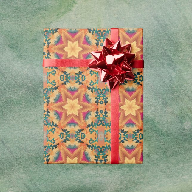 Papier Cadeau Hex Mandala Bleu orange et rose (Orange Blue and Pink Hexagon Mandala Wrapping Paper by Wormhole Orbital)