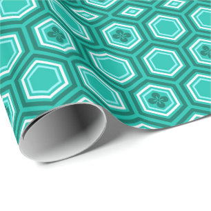 Papier Cadeau Hexagonal Kimono Imprimer, Turquoise, Aqua et Blan