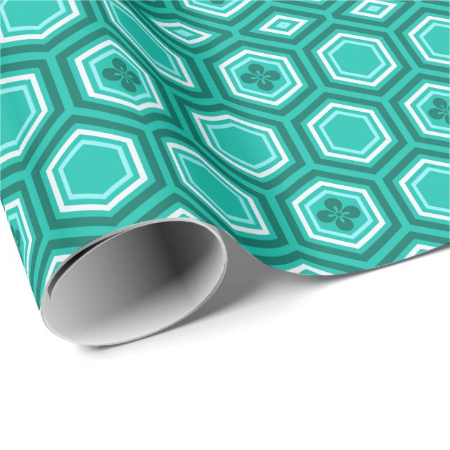 Papier Cadeau Hexagonal Kimono Imprimer, Turquoise, Aqua et Blan (Coin rond)