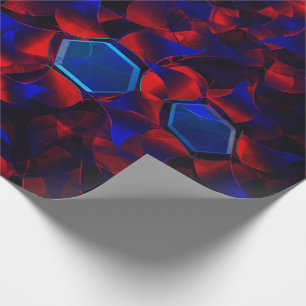 Papier Cadeau hexagone bleu mélangé avec des courbes rouges qui 