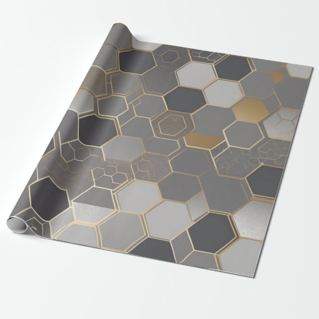 Papier Cadeau hexagone moderne géométrique motif doré et argent (Déroulé)
