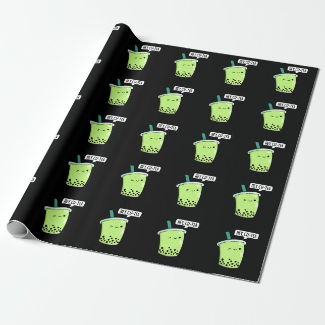 Papier Cadeau Hey Cu Tea Drôle Boba Tea Pun Dark BG (Déroulé)