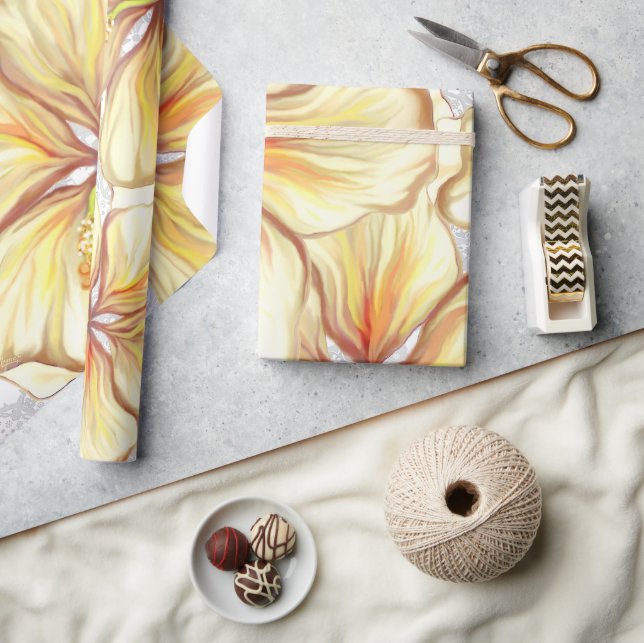 Papier Cadeau Hibiscus & dentelle JAUNE (Artisanat)