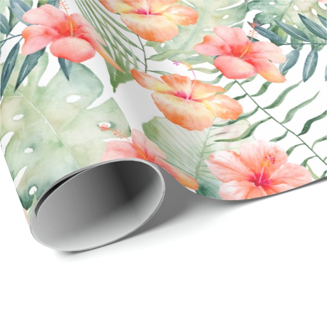 Papier Cadeau Hibiscus floral de Peach rose tropical (Coin rond)