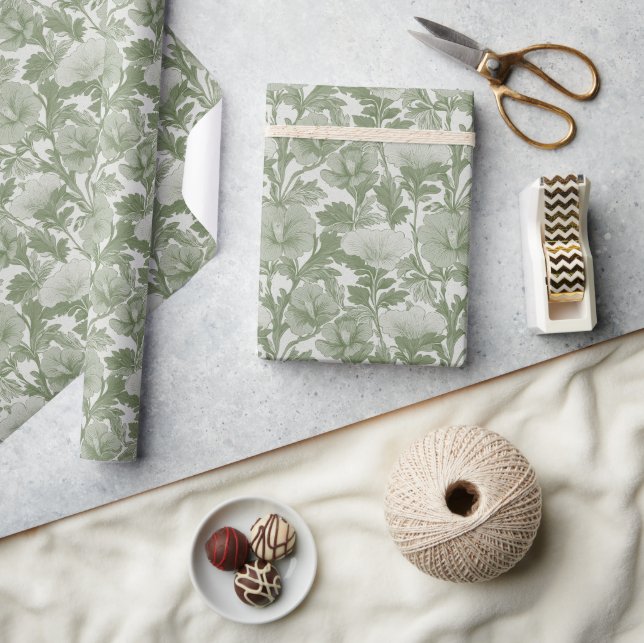 Papier Cadeau Hibiscus Floral Vert Sauge (Artisanat)